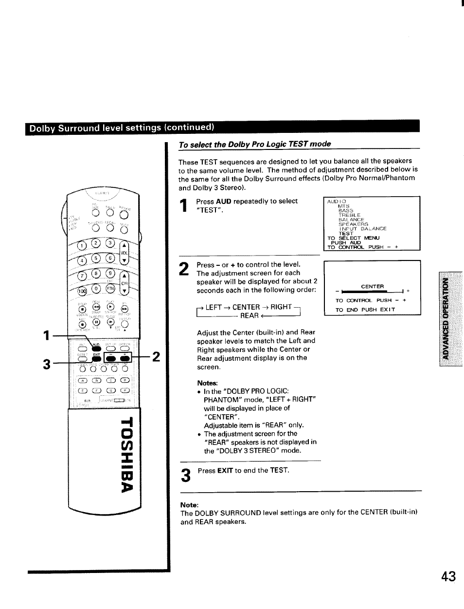 Dolby surround level settings (continued), To select the dolby pro logic test mode | Toshiba TW56D90 User Manual | Page 43 / 71