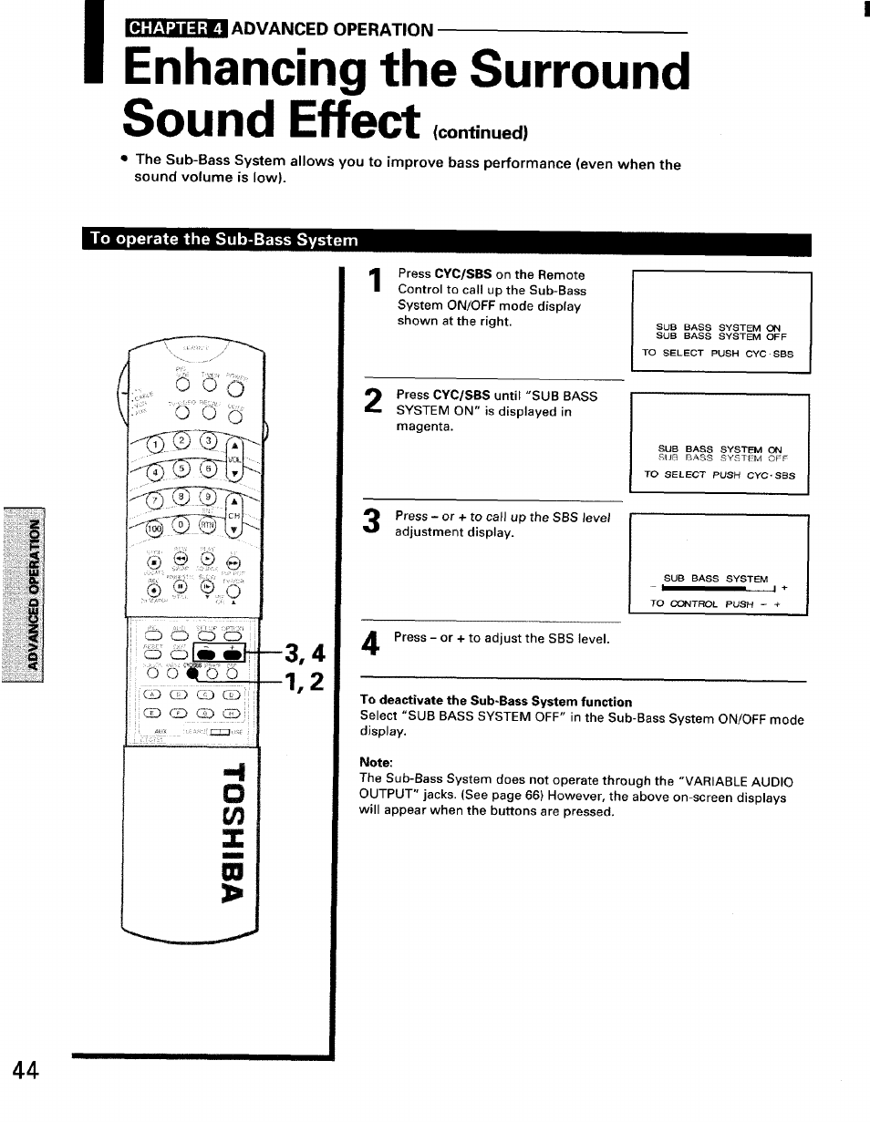 Enhancing the surround, Sound effect (continued), To operate the sub-bass system | Enhancing the surround sound effect | Toshiba TW56D90 User Manual | Page 44 / 71