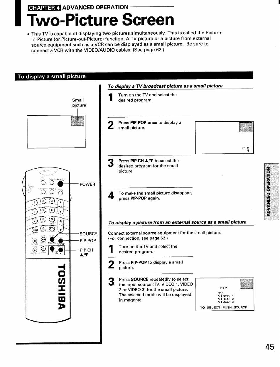 Two-picture screen, To display a small picture | Toshiba TW56D90 User Manual | Page 45 / 71