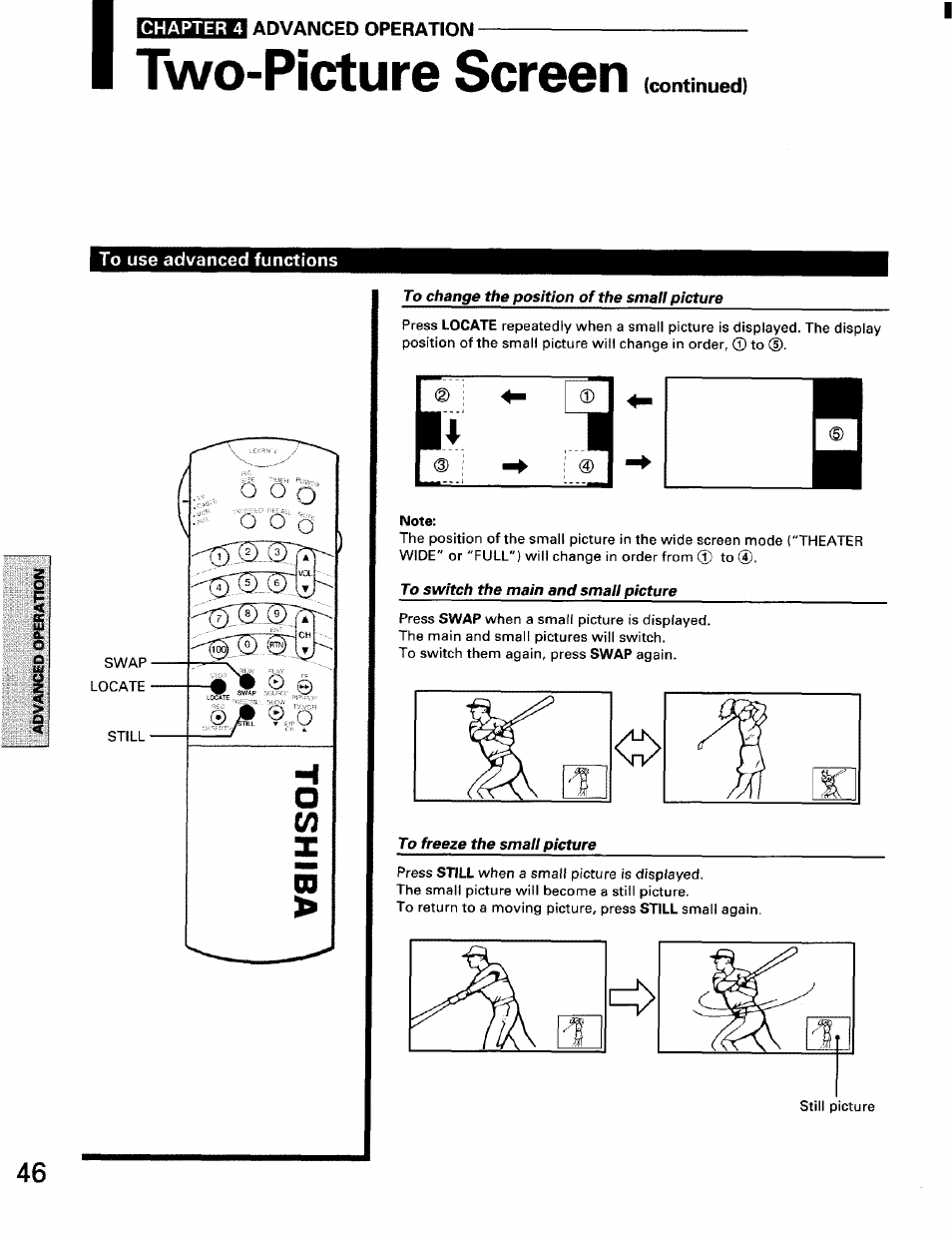 Chapter 4, Advanced operation, Two-picture screen | Continued), To use advanced functions, To change the position of the small picture, To freeze the small picture | Toshiba TW56D90 User Manual | Page 46 / 71