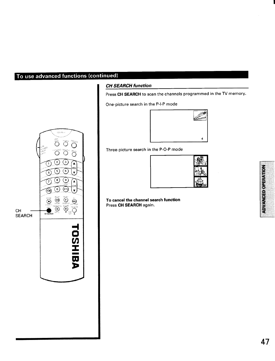 To use advanced functions (continued), Ch search function | Toshiba TW56D90 User Manual | Page 47 / 71