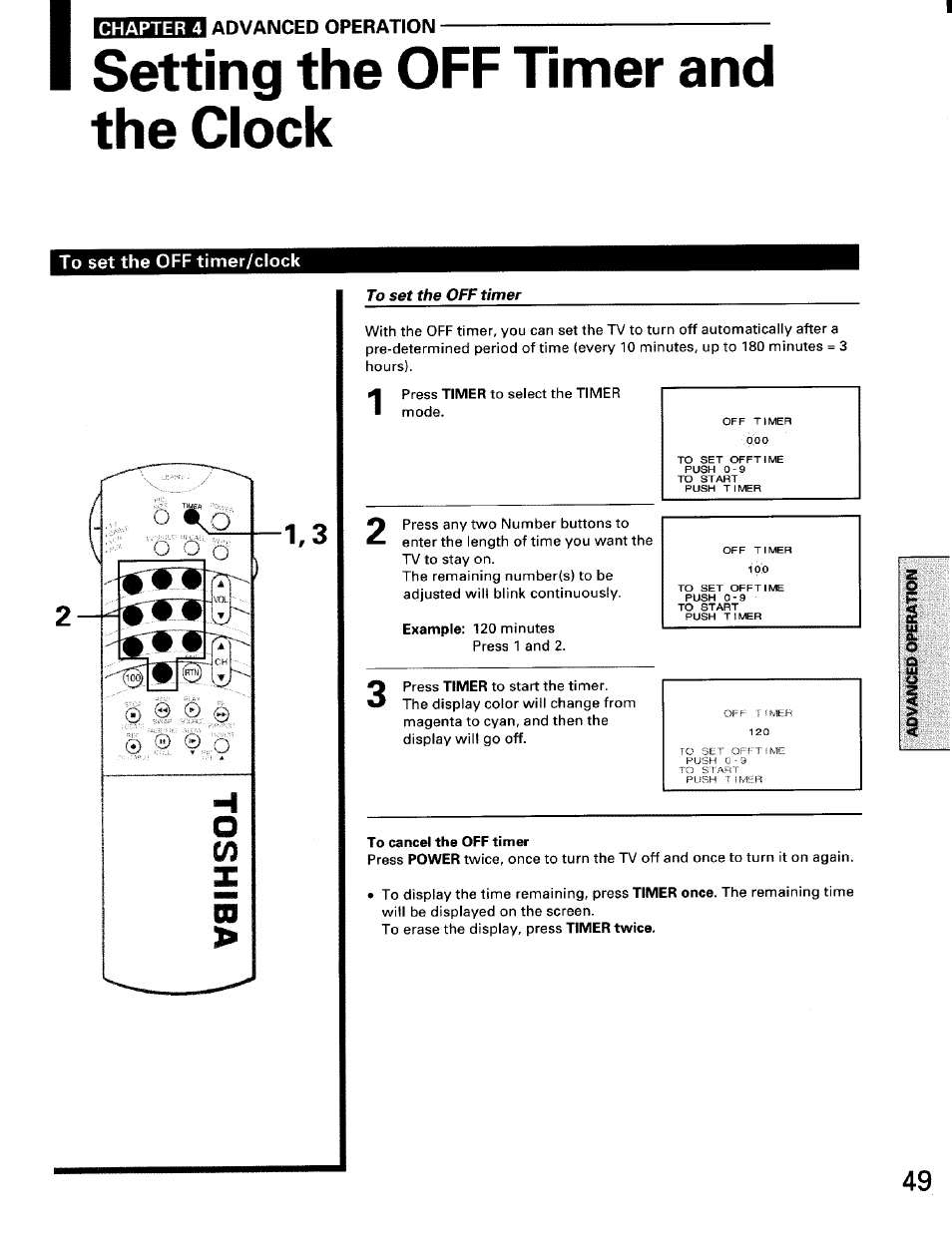 Setting the off timer and the clock, To set the off timer/clock, To set the off timer | Toshiba TW56D90 User Manual | Page 49 / 71