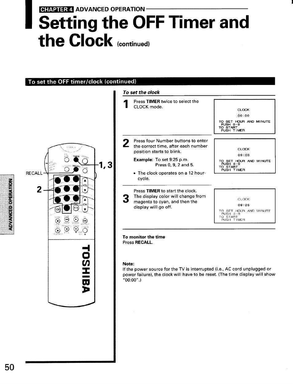 Setting the off timer and, The clock (continued), To set the off timer/clock (continued) | Setting the off timer and the clock, Chapter 4 advanced operation | Toshiba TW56D90 User Manual | Page 50 / 71