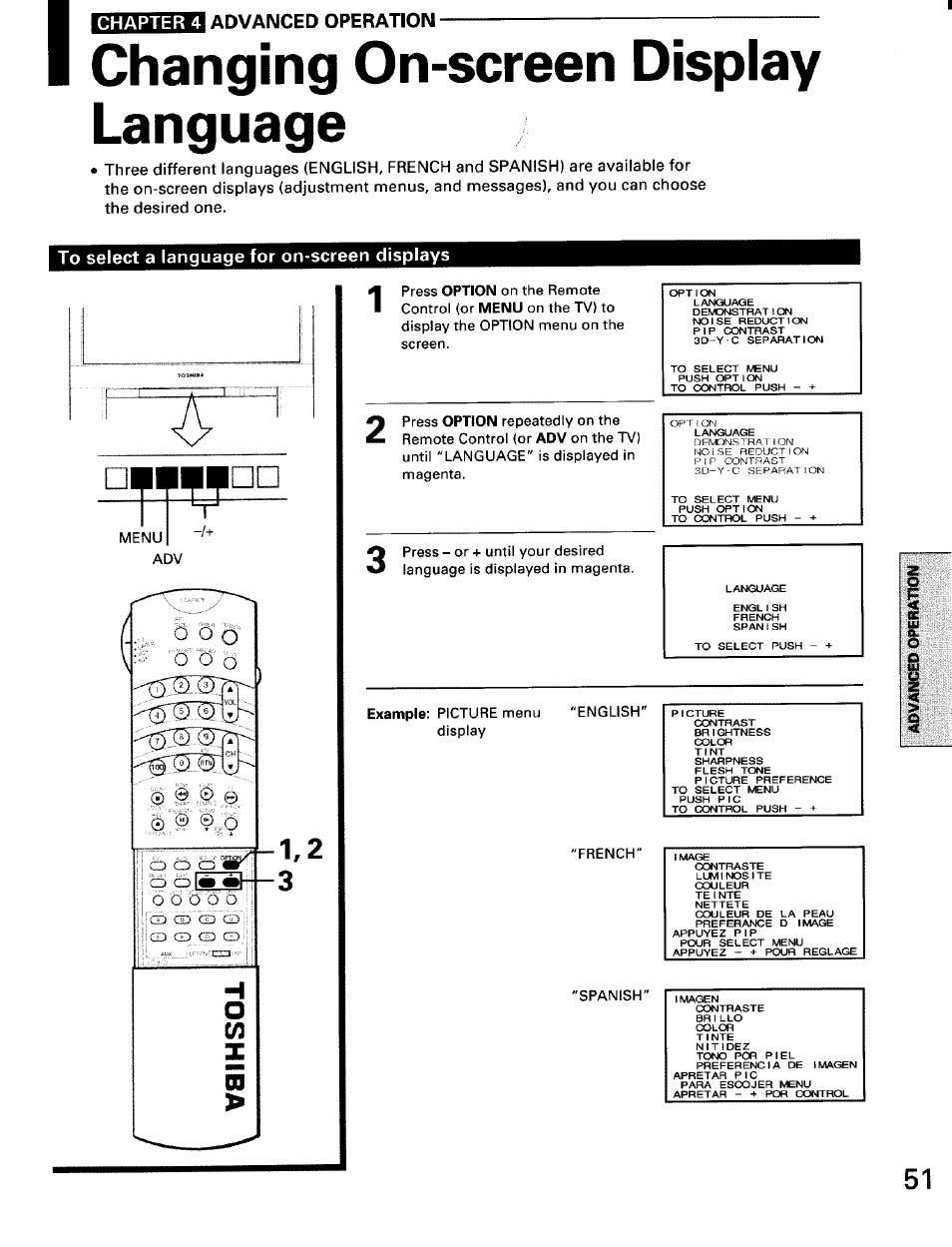 I changing on-screen display language, To select a language for on-screen displays, To selects language for on-screen displays | Chapter 4 advanced operation | Toshiba TW56D90 User Manual | Page 51 / 71