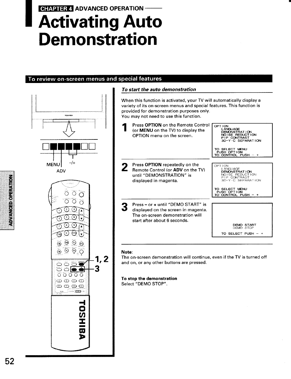 Activating auto demonstration, To review on-screen menus and special features, To start the auto demonstration | Note, To stop the demonstration | Toshiba TW56D90 User Manual | Page 52 / 71