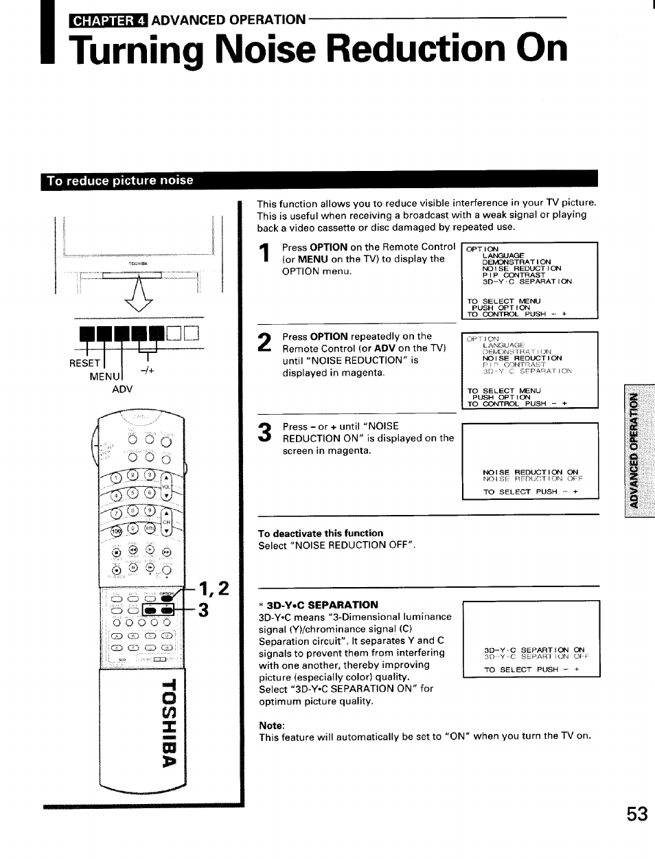 Turning noise reduction on, To reduce picture noise, To deactivate this function | Note, Chapter 4 advanced operation | Toshiba TW56D90 User Manual | Page 53 / 71