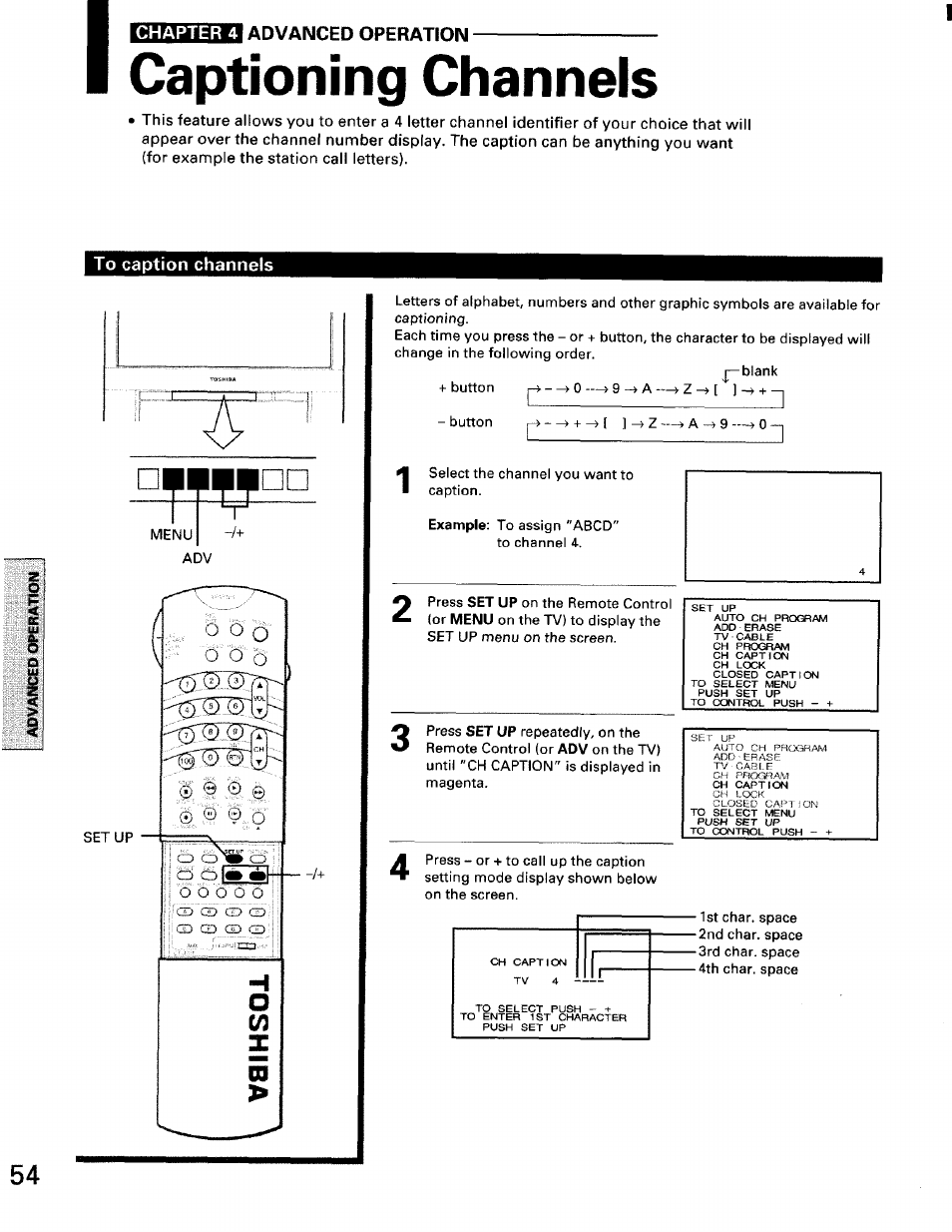 Captioning channels, To caption channels, Chapter 4 advanced operation | Toshiba TW56D90 User Manual | Page 54 / 71