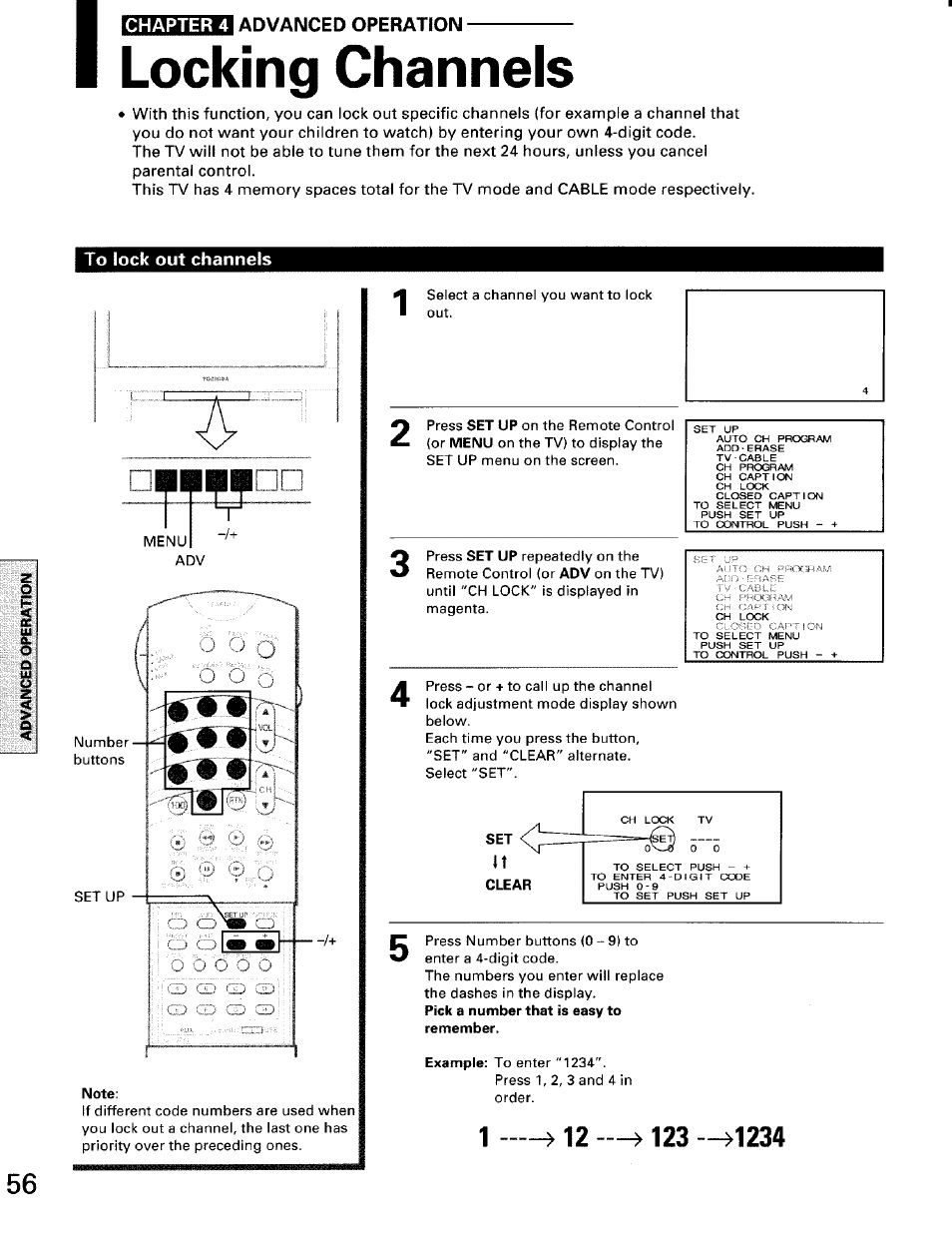 Locking channels, To lock out channels, Chapter 4 advanced operation | Toshiba TW56D90 User Manual | Page 56 / 71