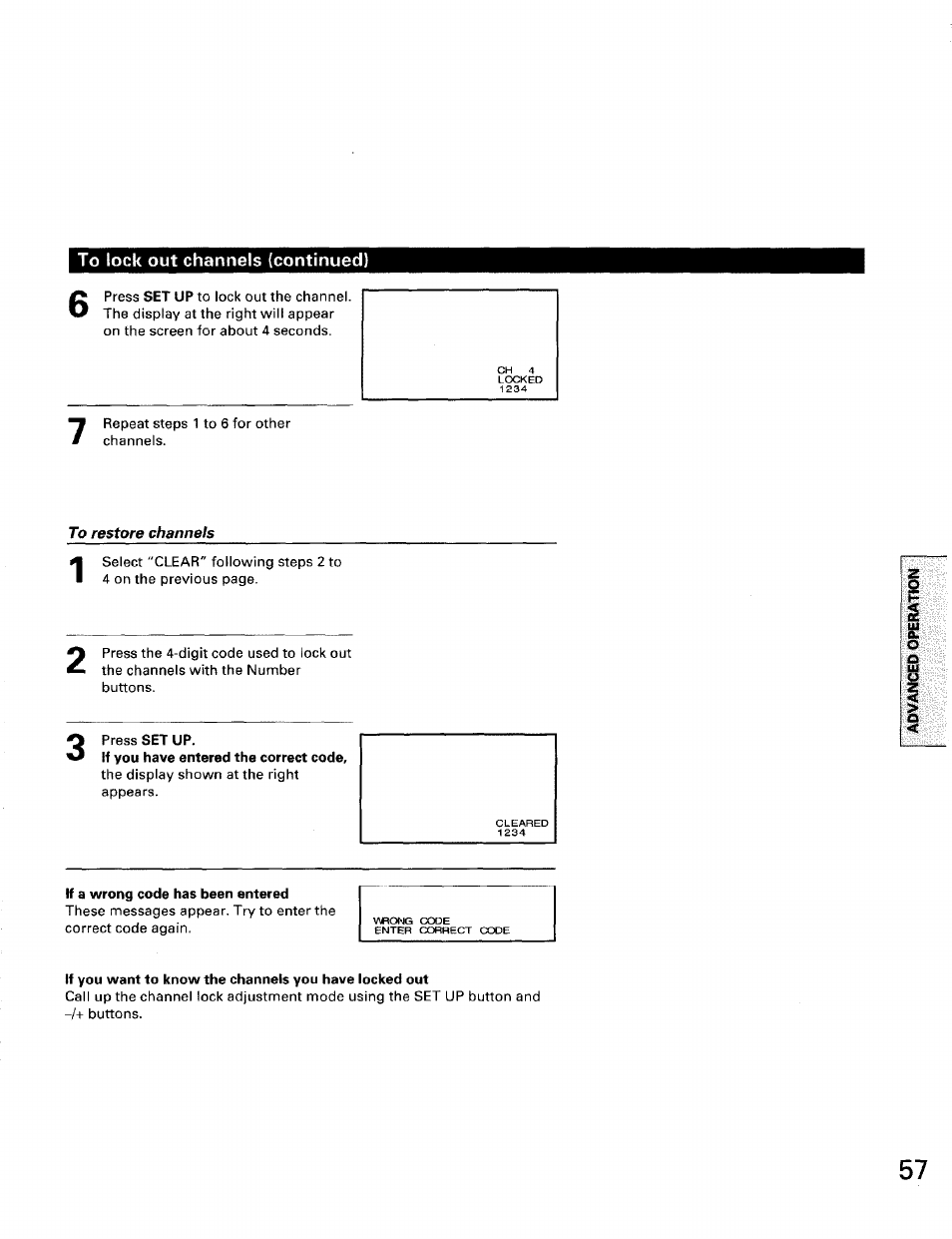 To restore channels, Press set up, If you have entered the correct code | If a wrong code has been entered | Toshiba TW56D90 User Manual | Page 57 / 71