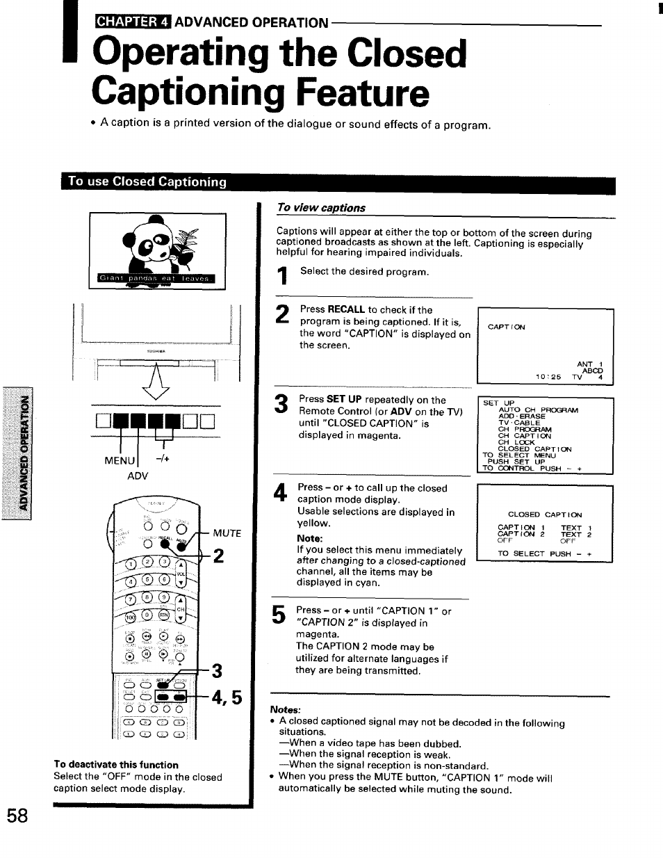 Operating the closed captioning feature, To use closed captioning, To deactivate this function | To view captions, Note, Notes, Chapter 4 advanced operation | Toshiba TW56D90 User Manual | Page 58 / 71