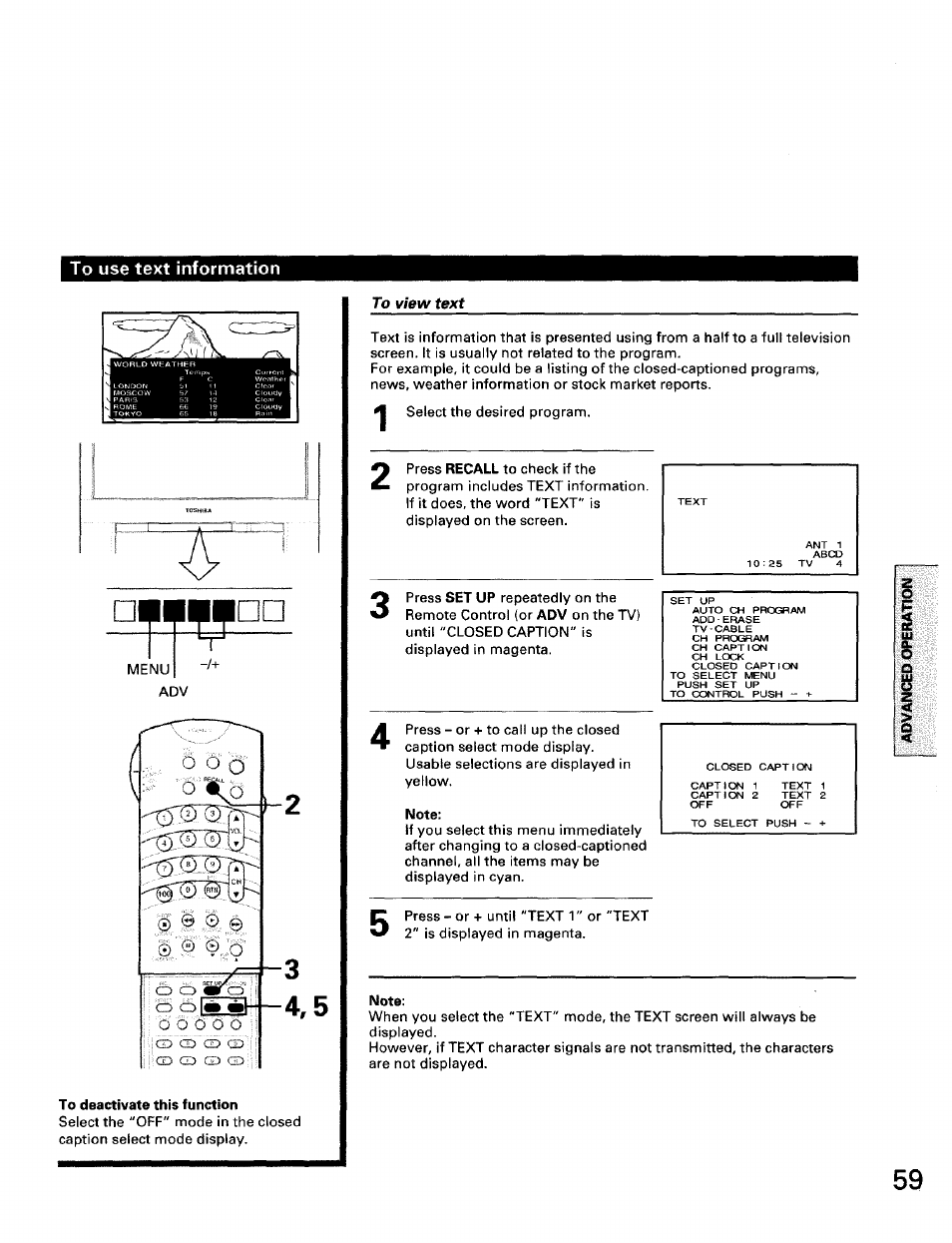 To use text information, To deactivate this function, To view text | Note | Toshiba TW56D90 User Manual | Page 59 / 71