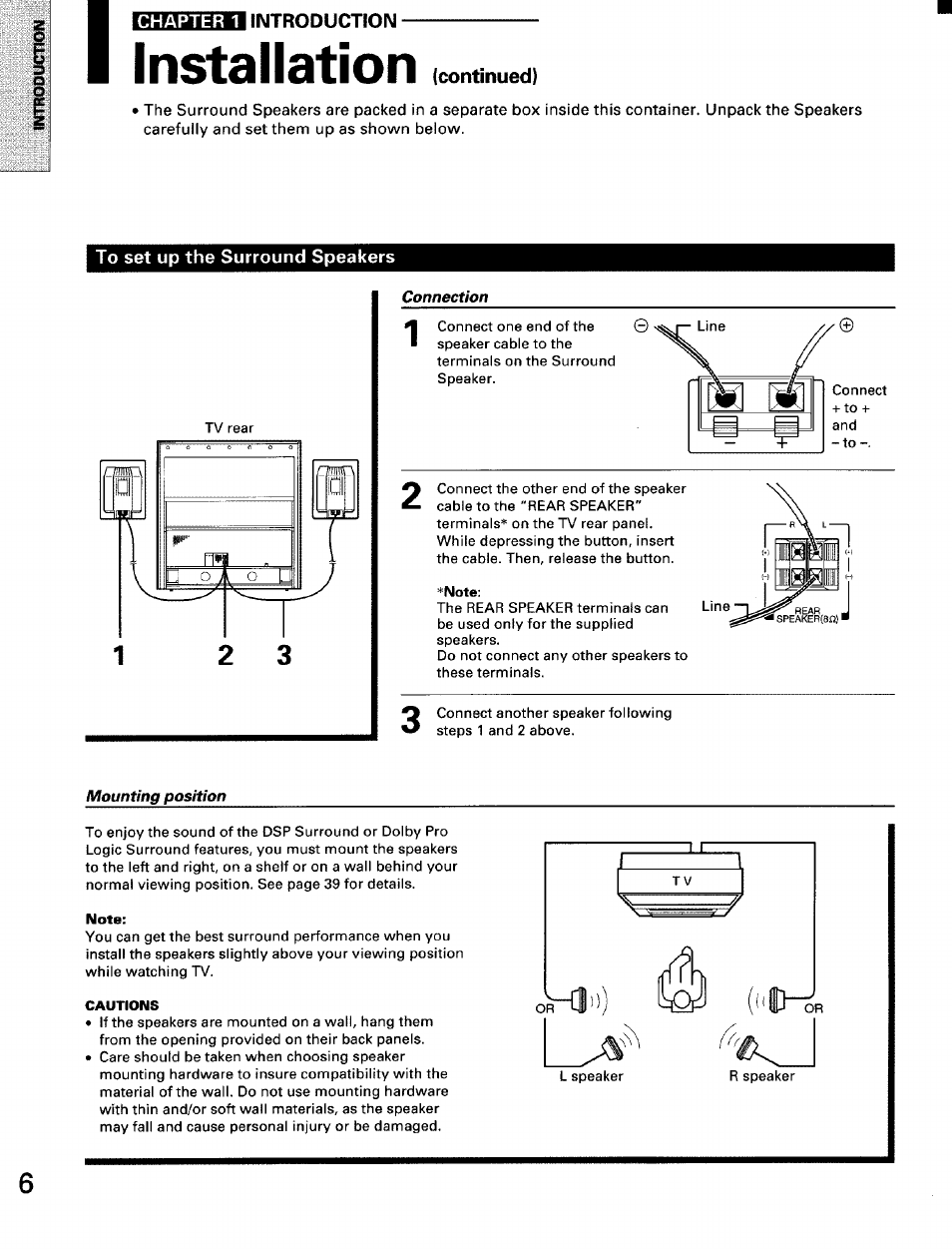 I introduction, Installation, To set up the surround speakers | Connection, Mounting position | Toshiba TW56D90 User Manual | Page 6 / 71