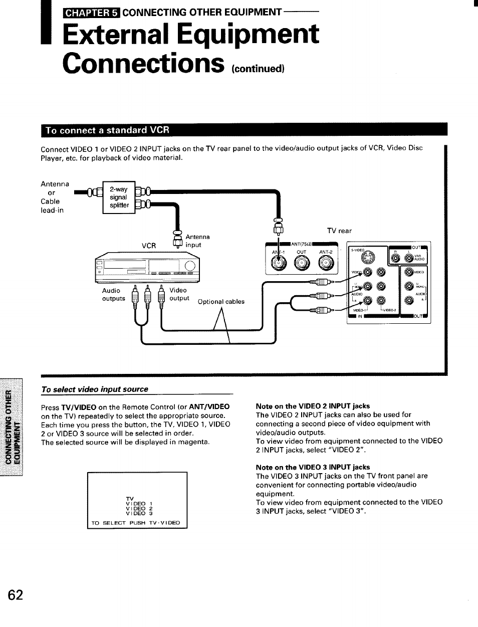 External equipment, Connections (continued), To connect a standard vcr | To select video input source, Note on the video 2 input jacks, Note on the video 3 input jacks, External equipment connections | Toshiba TW56D90 User Manual | Page 62 / 71