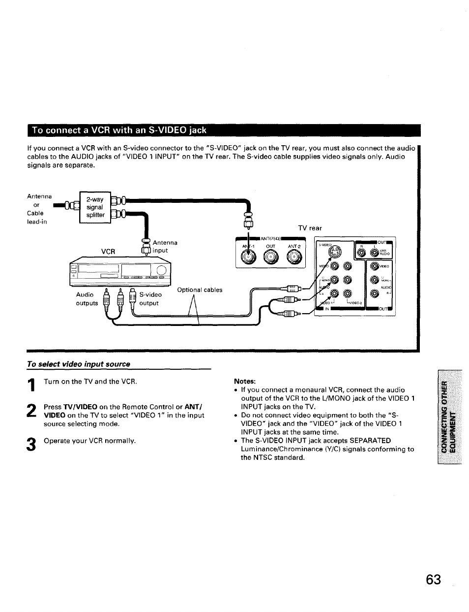 To select video input source, Notes | Toshiba TW56D90 User Manual | Page 63 / 71