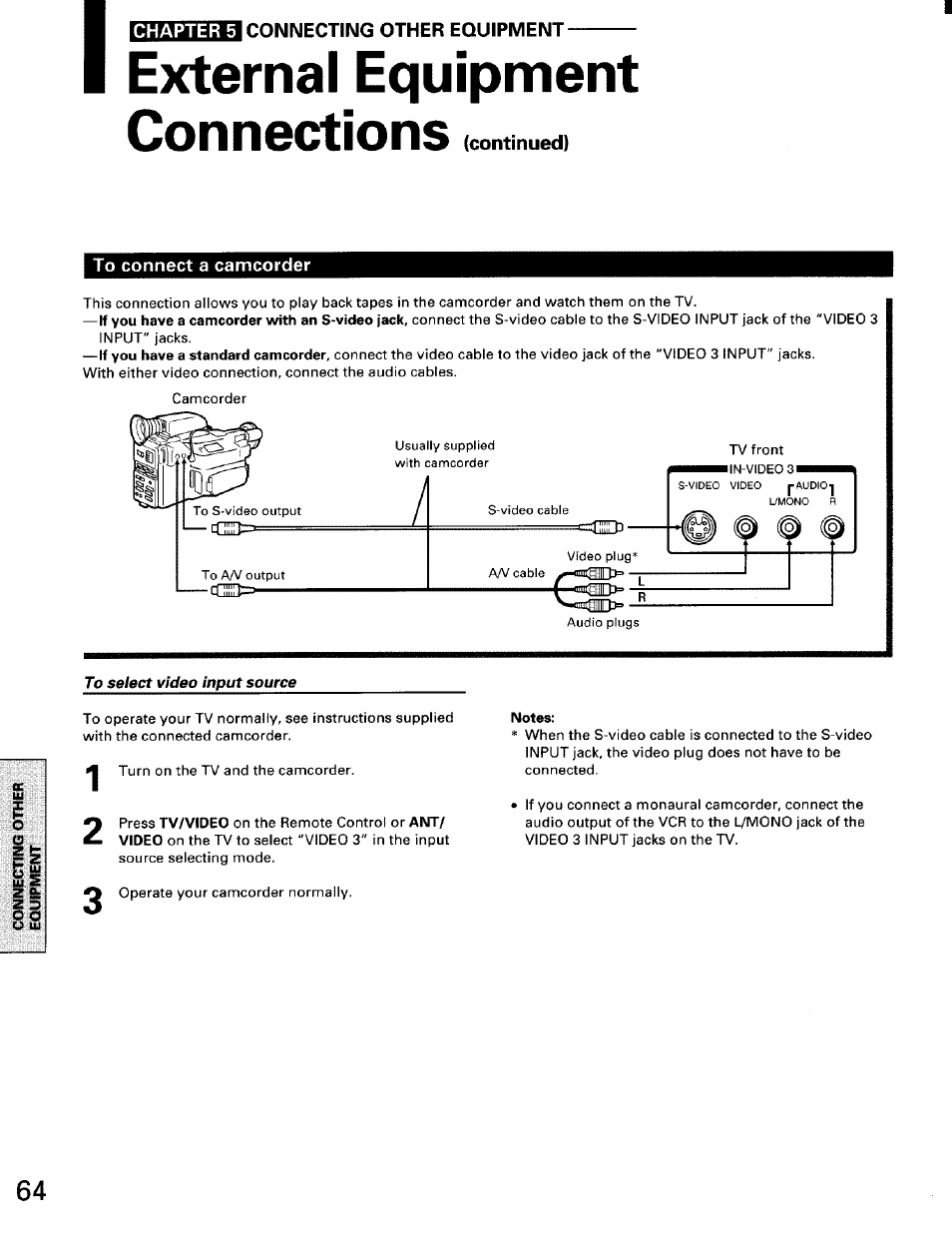 External equipment, Connections (continued), To select video input source | Notes, External equipment connections | Toshiba TW56D90 User Manual | Page 64 / 71