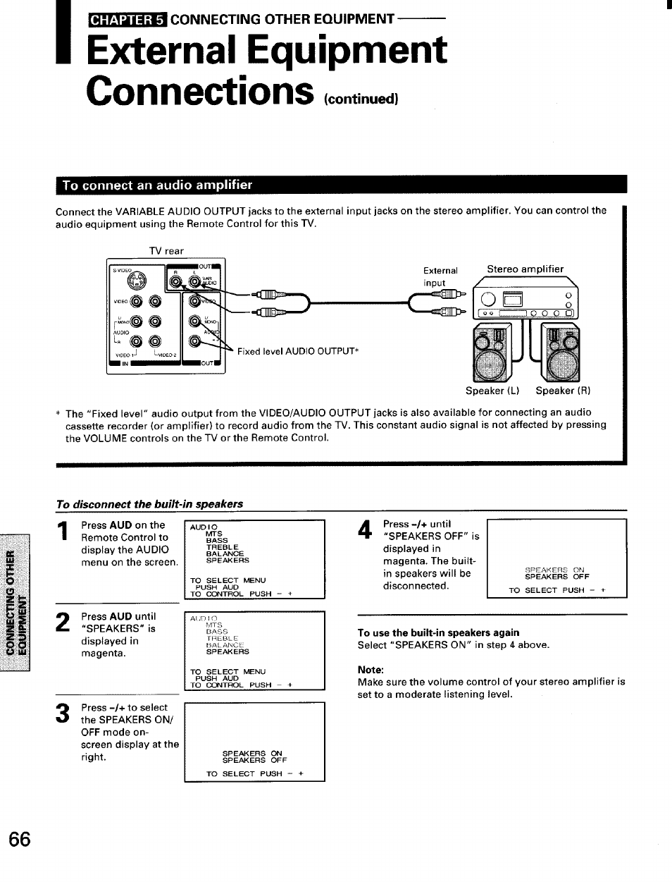 Connecting other equipment, External equipment, Connections (continued) | To disconnect the built-in speakers, To use the built-in speakers again, Note, External equipment connections | Toshiba TW56D90 User Manual | Page 66 / 71