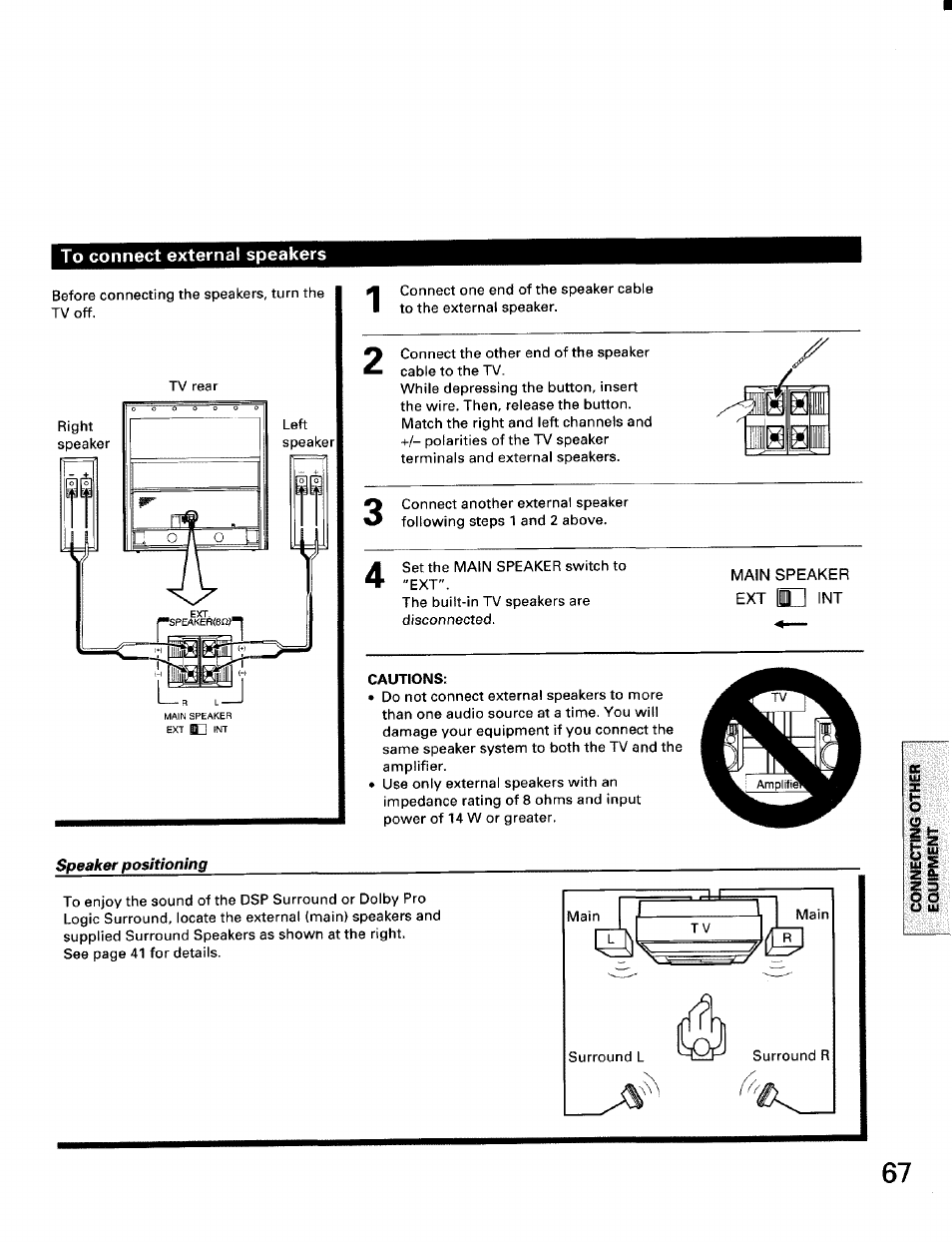 To connect external speakers, Speaker positioning | Toshiba TW56D90 User Manual | Page 67 / 71