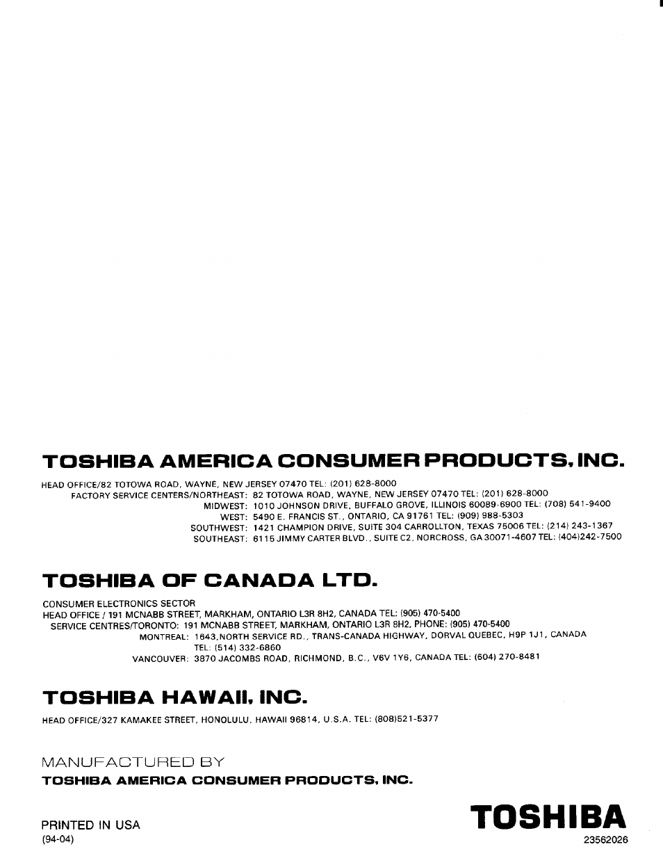 Toshiba, Toshiba america consumer procucts. inc, Toshiba of canaoa lto | Tcshiba hawaii. inc | Toshiba TW56D90 User Manual | Page 71 / 71