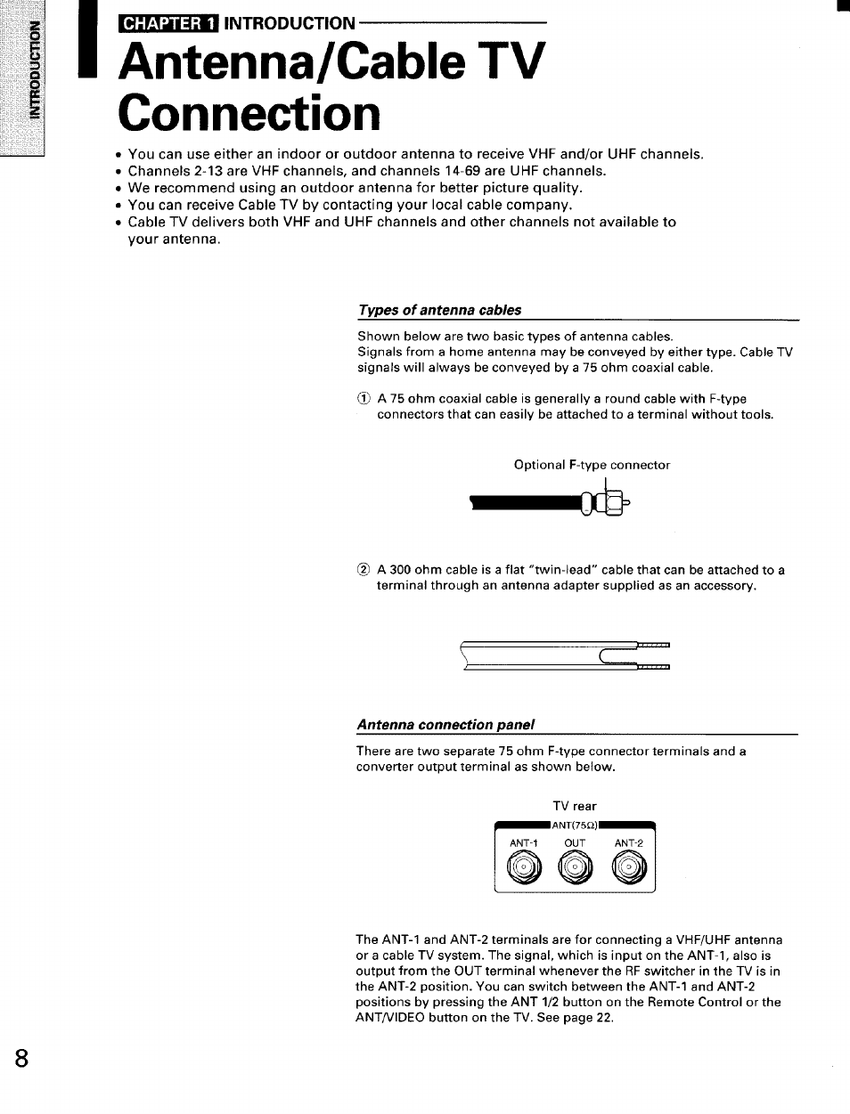 Antenna/cable tv connection, Types of antenna cables, Antenna connection panel | Toshiba TW56D90 User Manual | Page 8 / 71