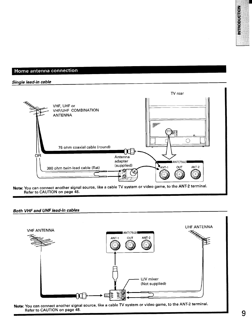 Single lead-in cable, Both vhf and uhf lead-in cables, Home antenna connection | Toshiba TW56D90 User Manual | Page 9 / 71