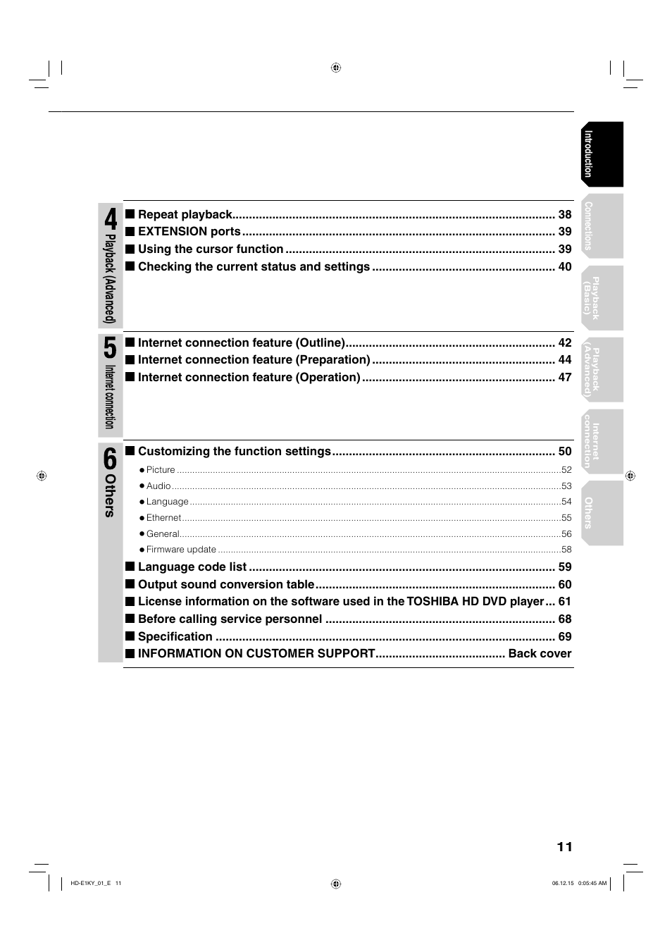 Pla ybac k (ad vanced), Internet connection, Other s | Toshiba HD-E1KY User Manual | Page 11 / 72