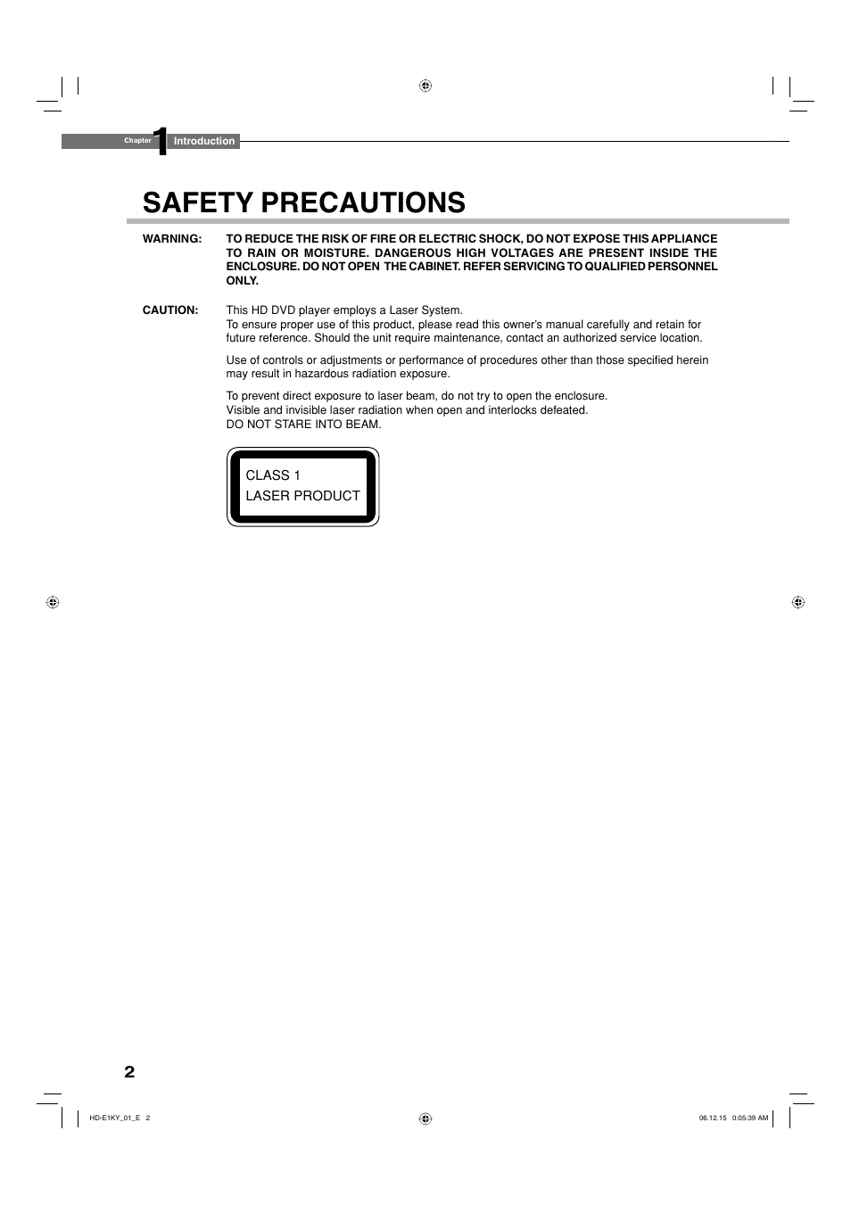 Safety precautions | Toshiba HD-E1KY User Manual | Page 2 / 72