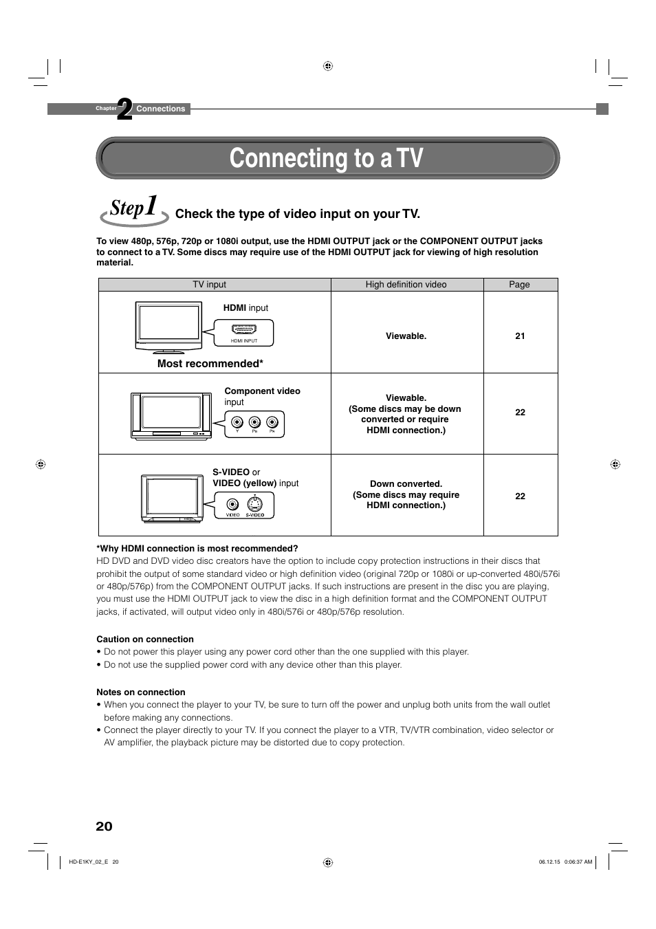 Connecting to a tv, Step | Toshiba HD-E1KY User Manual | Page 20 / 72