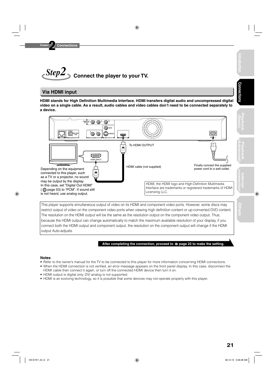 Step, Connect the player to your tv | Toshiba HD-E1KY User Manual | Page 21 / 72