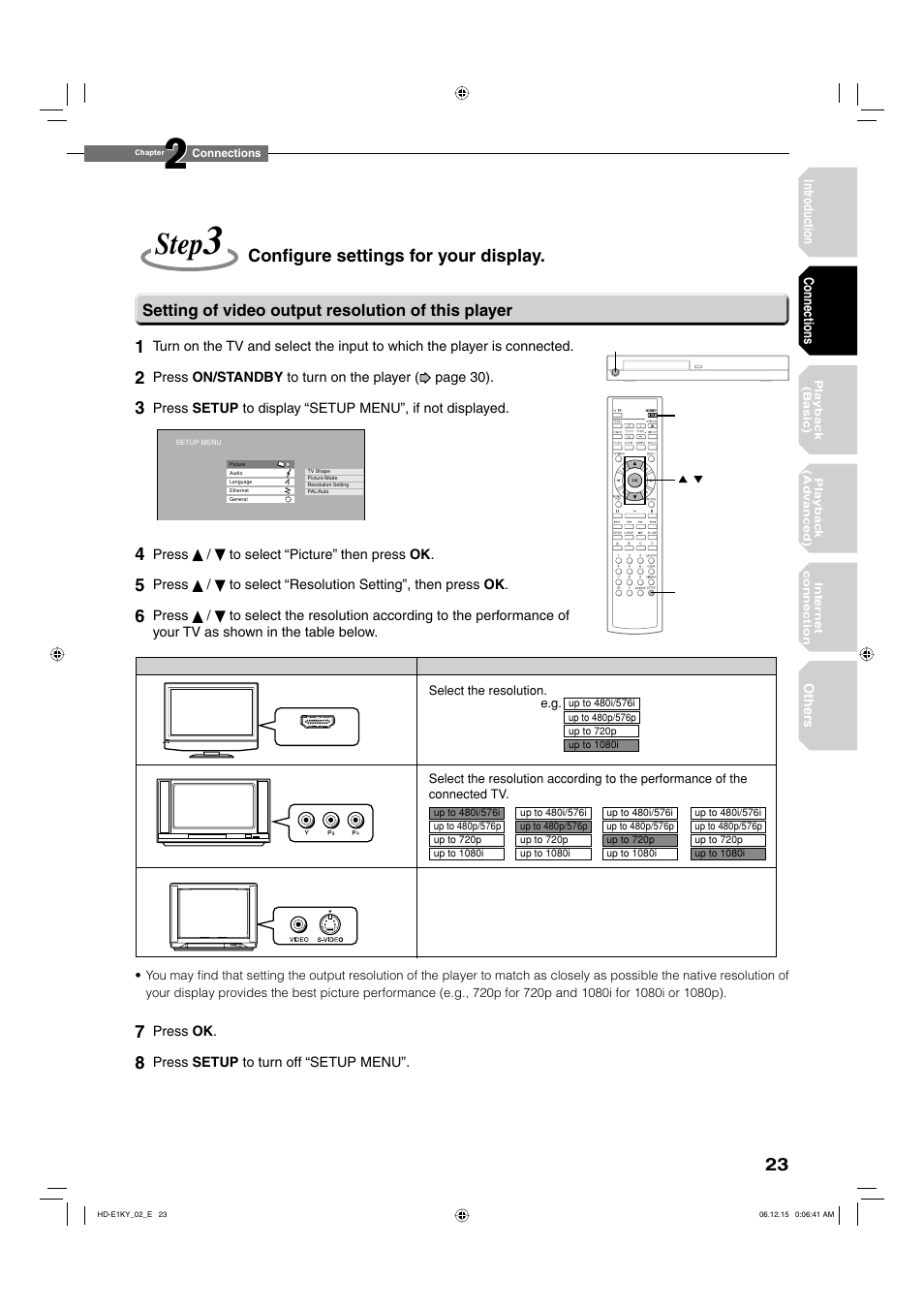 Step, Confi gure settings for your display, Setting of video output resolution of this player | Toshiba HD-E1KY User Manual | Page 23 / 72