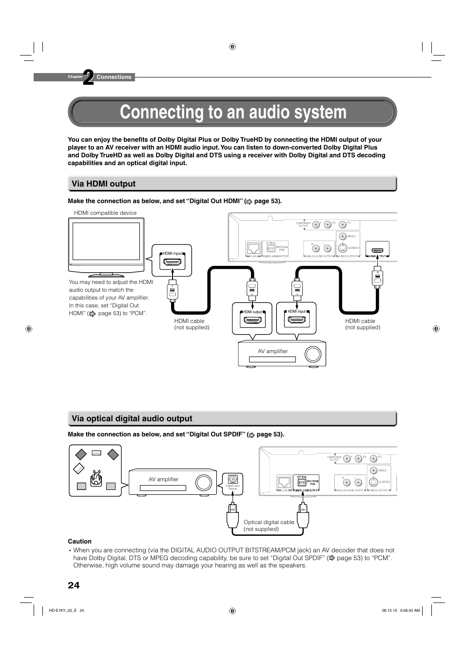 Connecting to an audio system, Via optical digital audio output via hdmi output | Toshiba HD-E1KY User Manual | Page 24 / 72