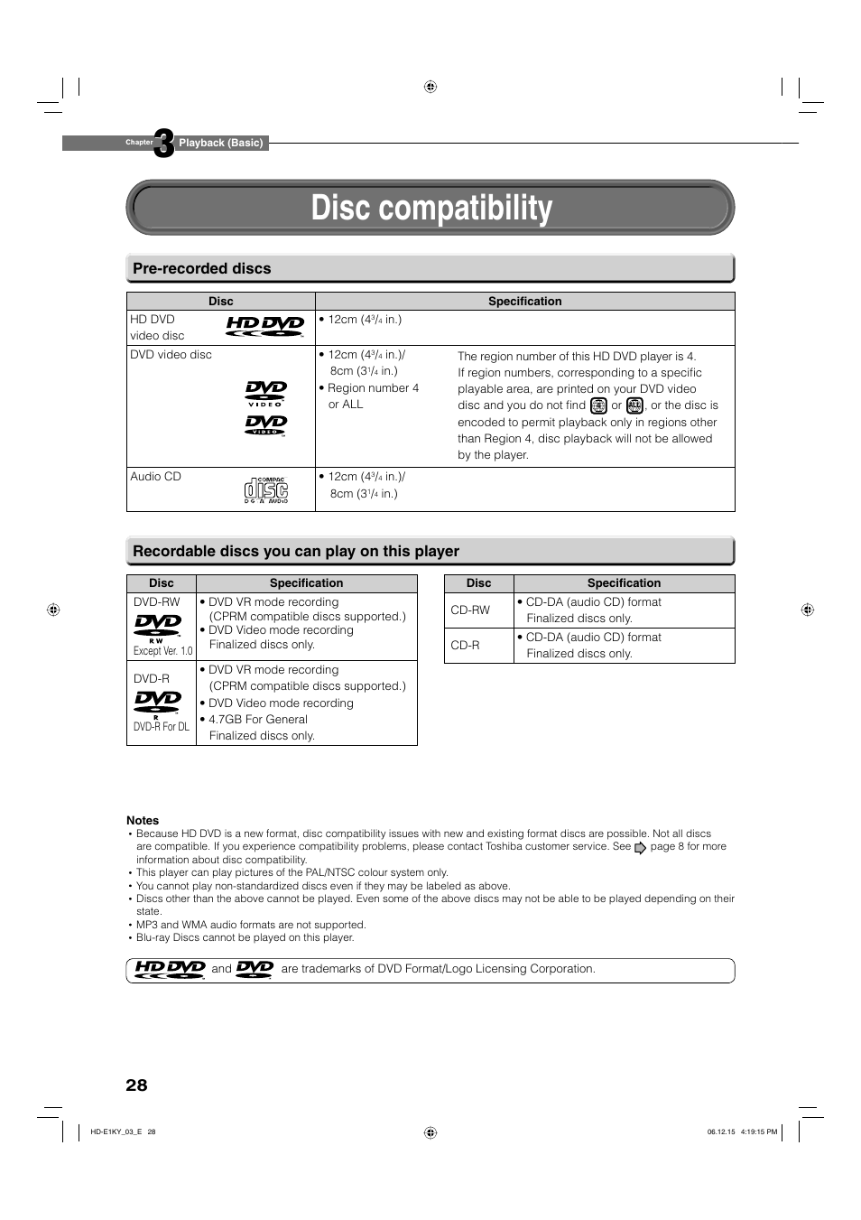 Disc compatibility | Toshiba HD-E1KY User Manual | Page 28 / 72