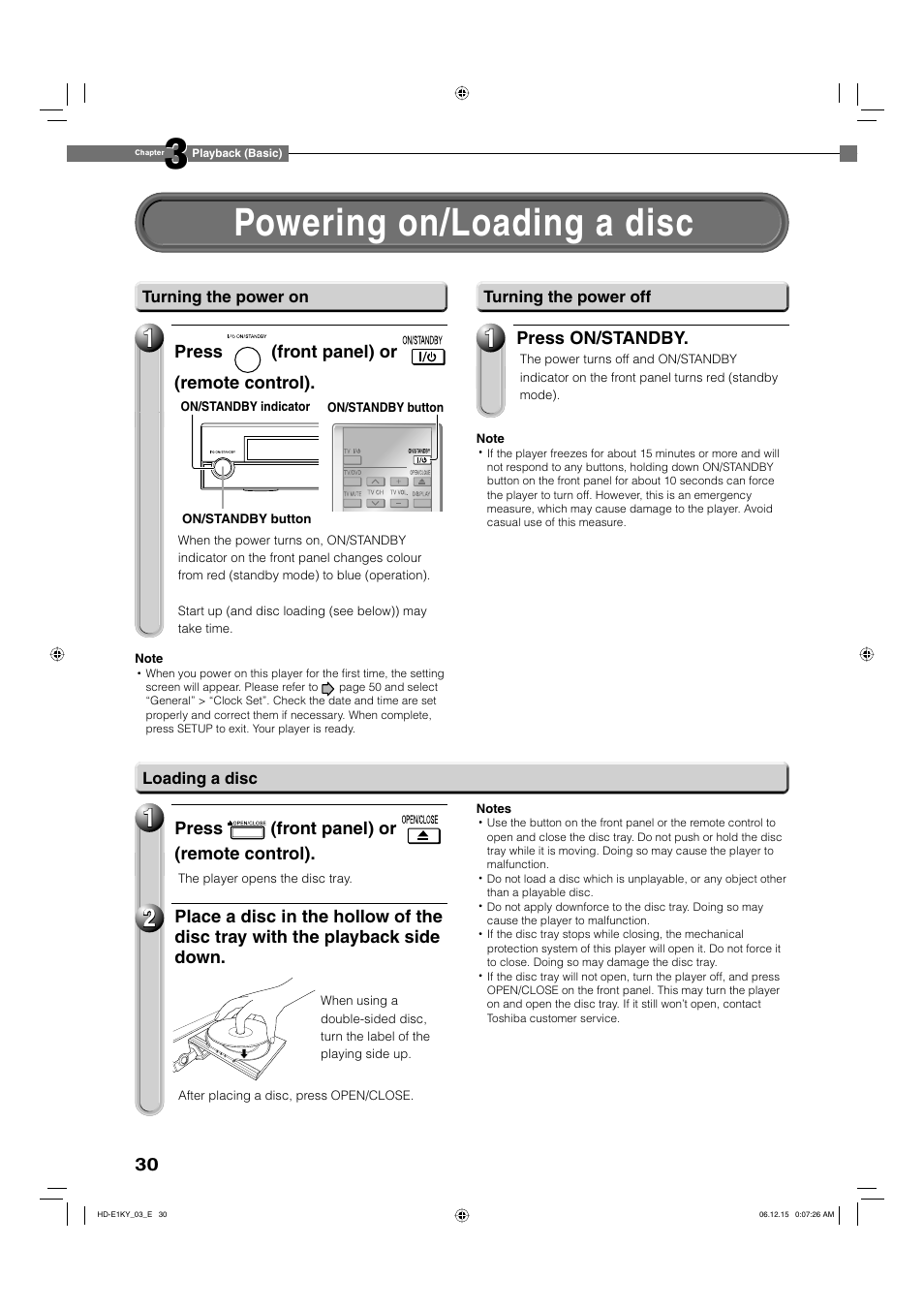 Powering on/loading a disc | Toshiba HD-E1KY User Manual | Page 30 / 72