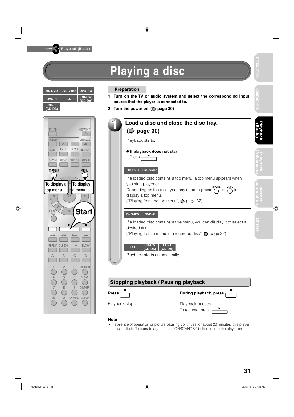 1y g, Playing a disc, Start | Load a disc and close the disc tray. ( page 30) | Toshiba HD-E1KY User Manual | Page 31 / 72