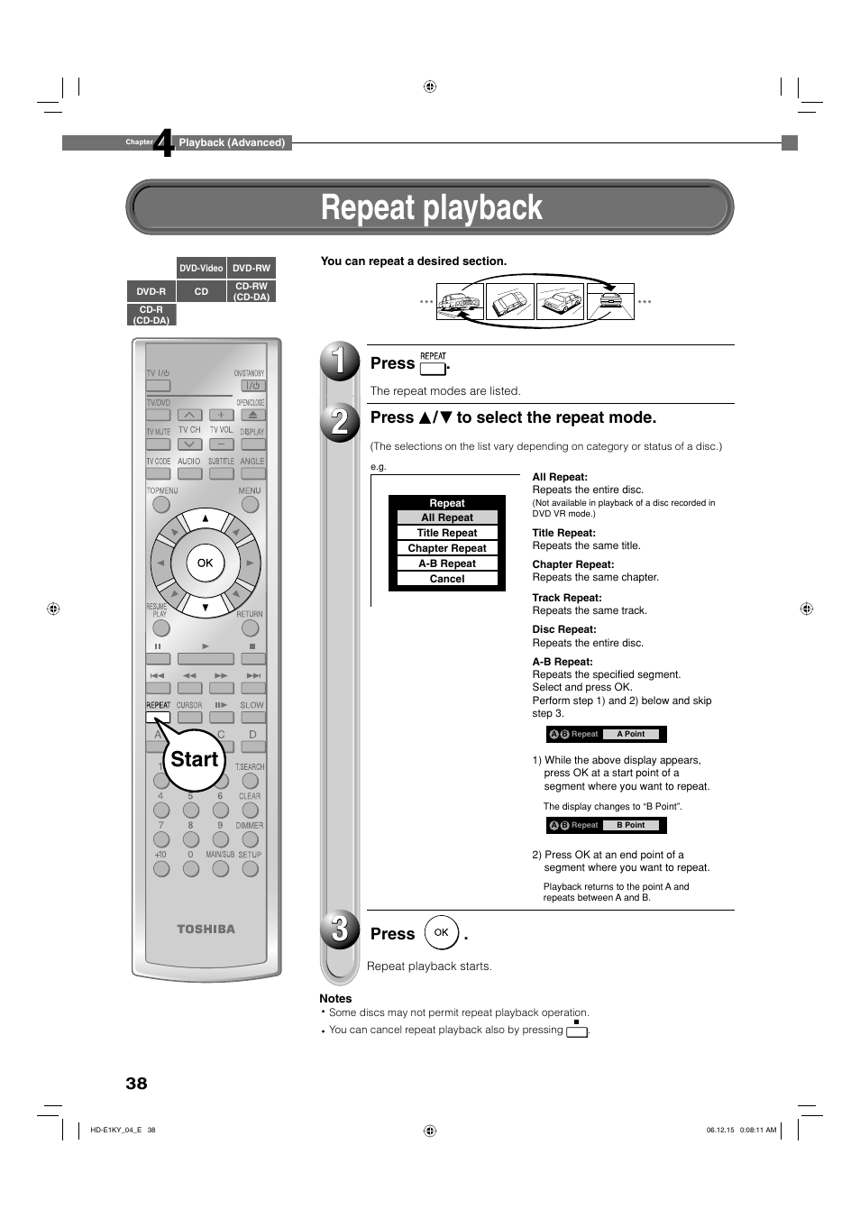 Repeat playback, Start | Toshiba HD-E1KY User Manual | Page 38 / 72