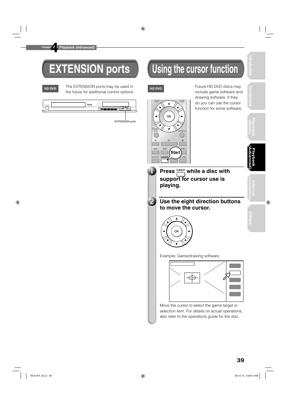 Extension ports, Using the cursor function | Toshiba HD-E1KY User Manual | Page 39 / 72