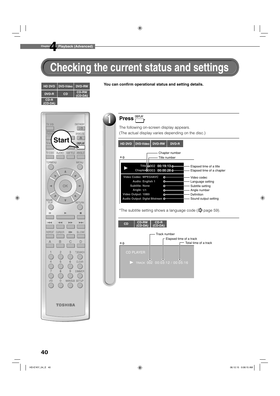 Checking the current status and settings, Start, Press | Toshiba HD-E1KY User Manual | Page 40 / 72