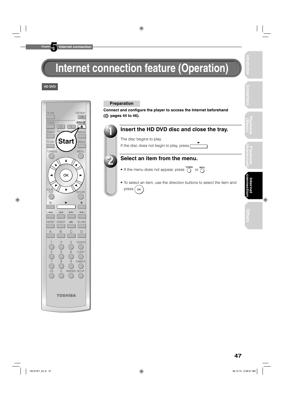 Internet connection feature (operation), Start | Toshiba HD-E1KY User Manual | Page 47 / 72