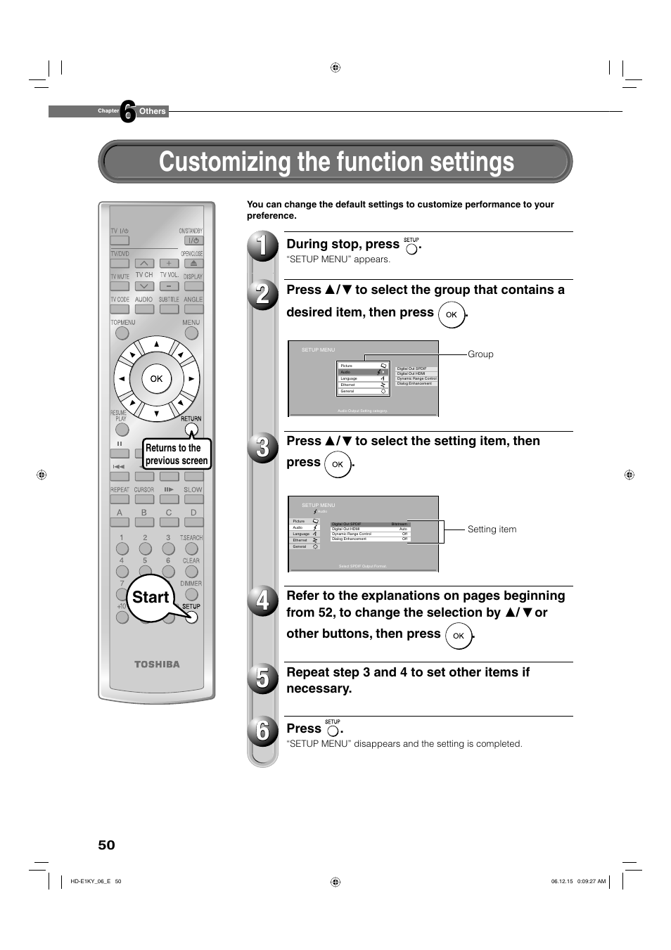 Customizing the function settings, Start | Toshiba HD-E1KY User Manual | Page 50 / 72