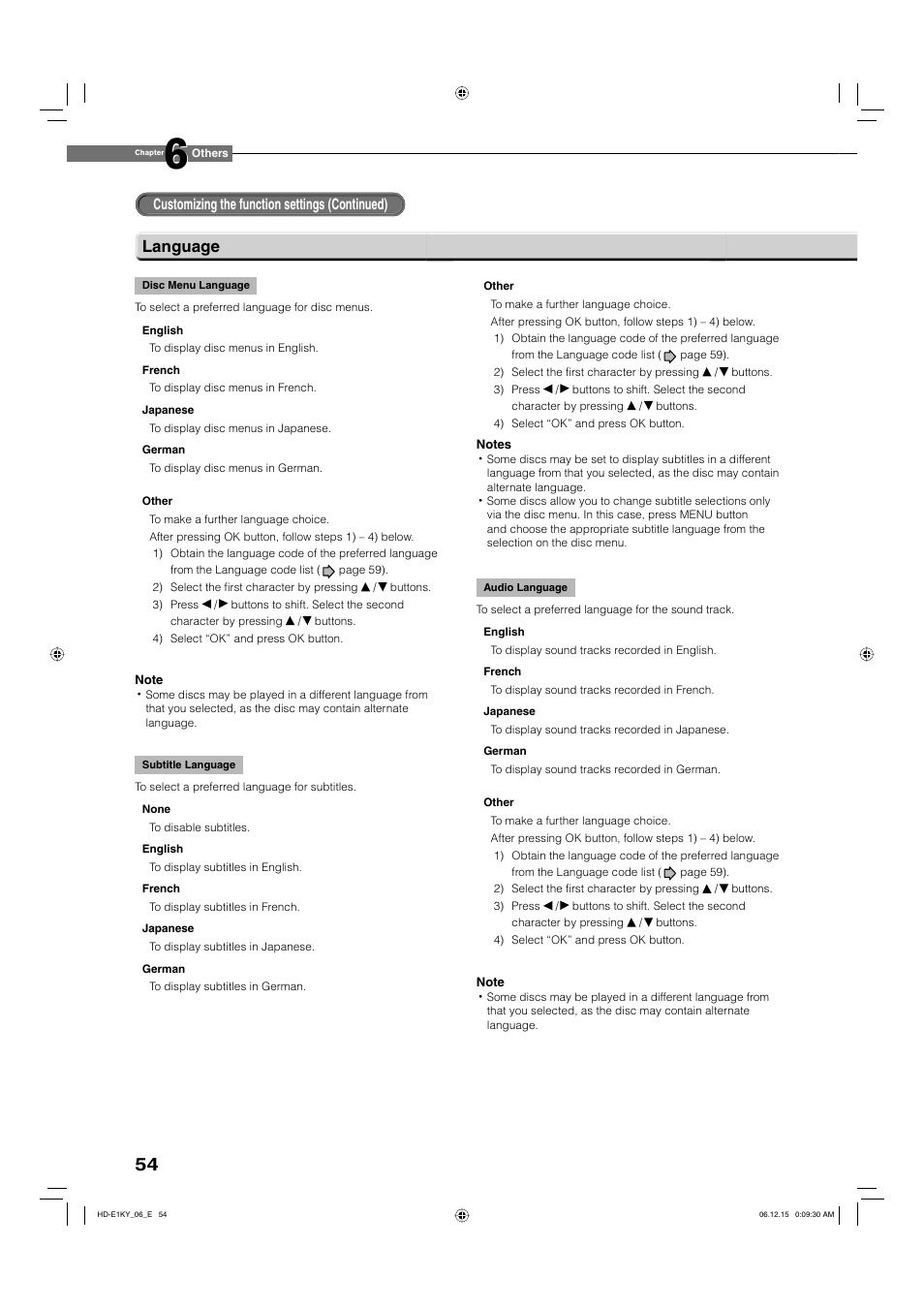 Language | Toshiba HD-E1KY User Manual | Page 54 / 72