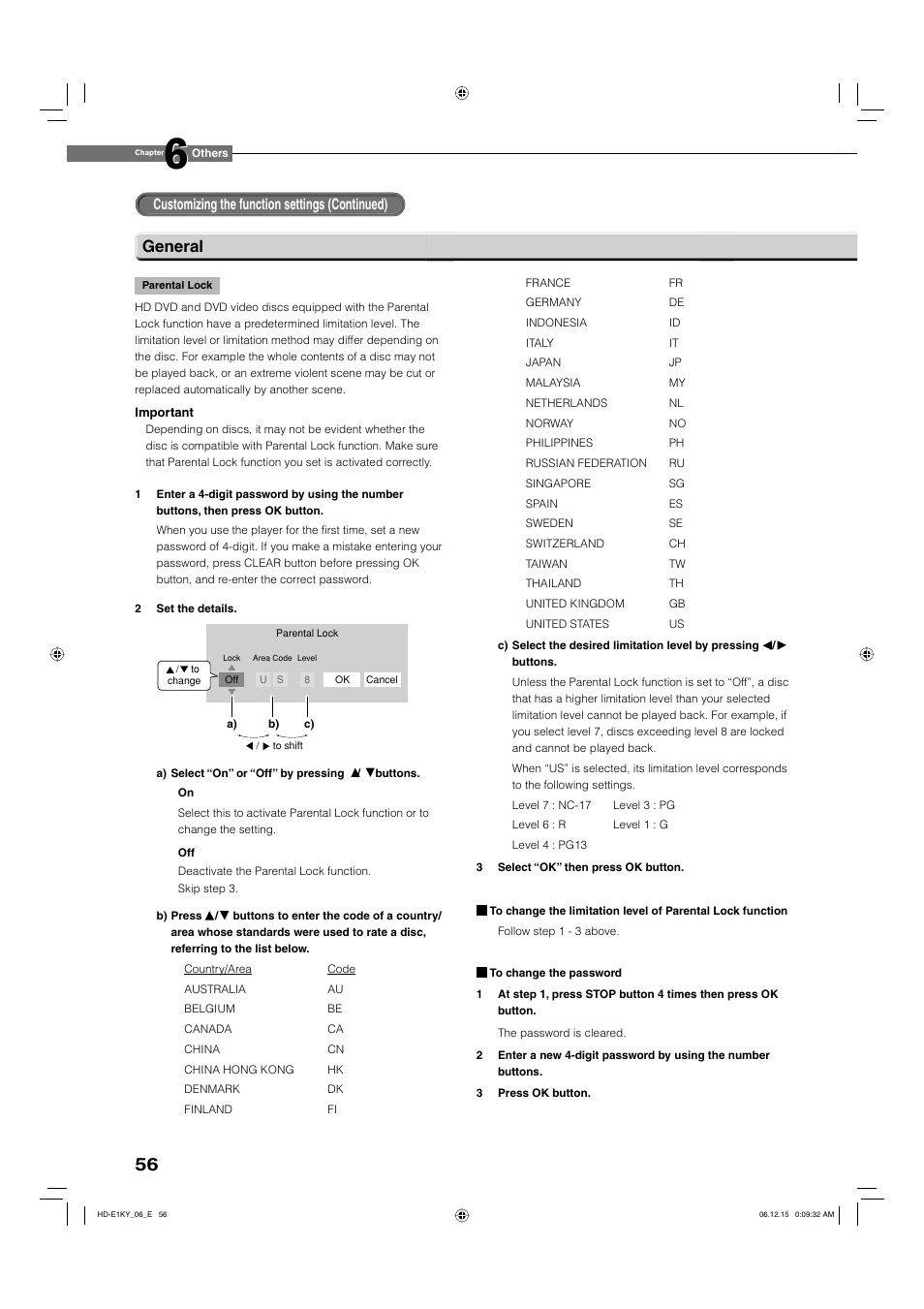 General, Customizing the function settings (continued) | Toshiba HD-E1KY User Manual | Page 56 / 72