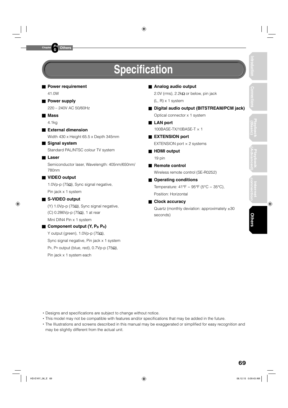 Specifi cation | Toshiba HD-E1KY User Manual | Page 69 / 72