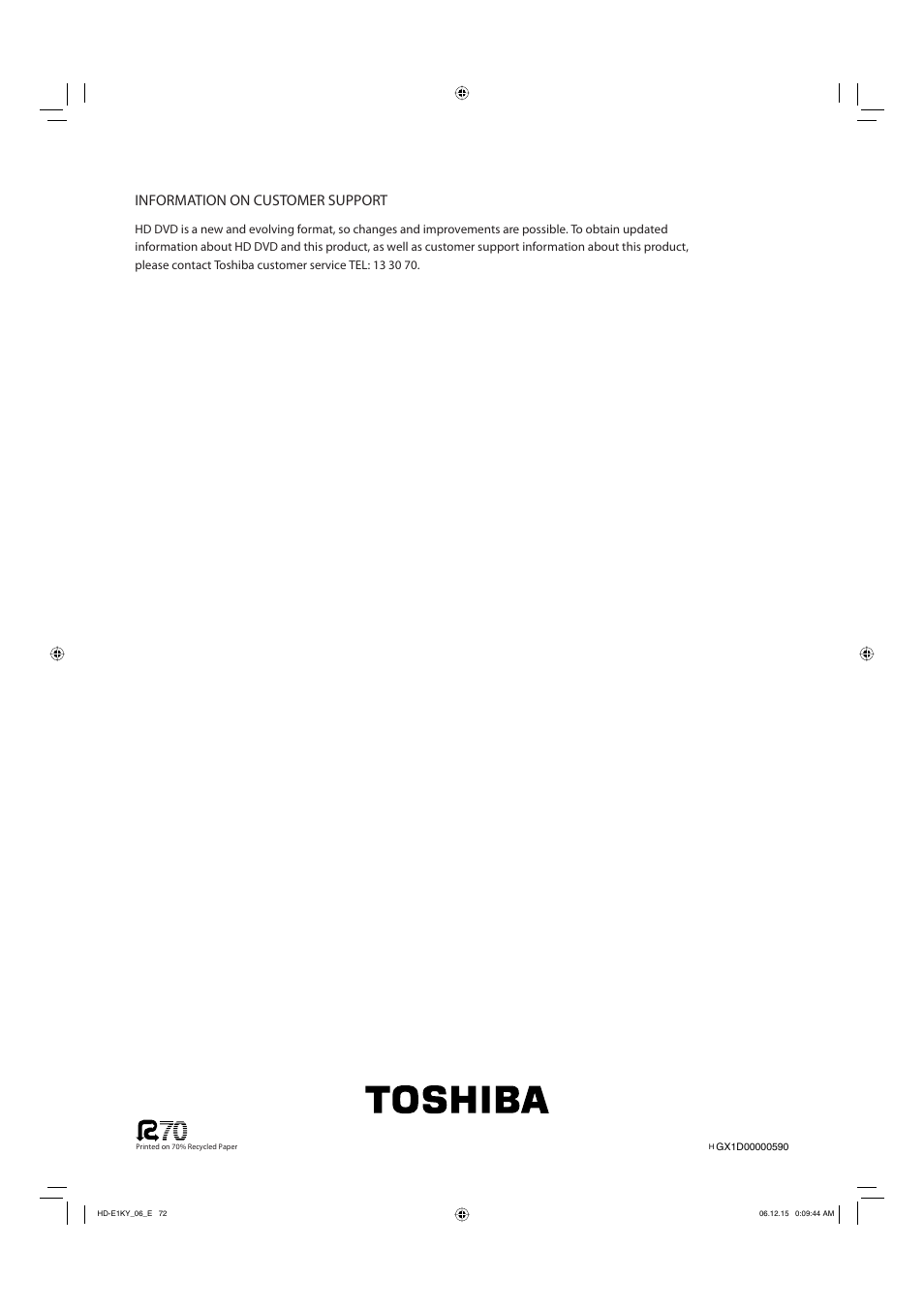 Untitled, Information on customer support | Toshiba HD-E1KY User Manual | Page 72 / 72