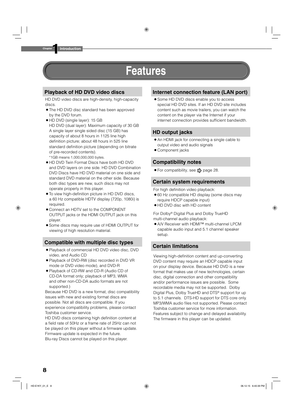 Features | Toshiba HD-E1KY User Manual | Page 8 / 72