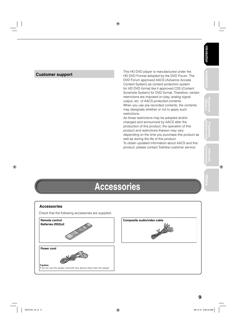 Accessories, Customer support | Toshiba HD-E1KY User Manual | Page 9 / 72