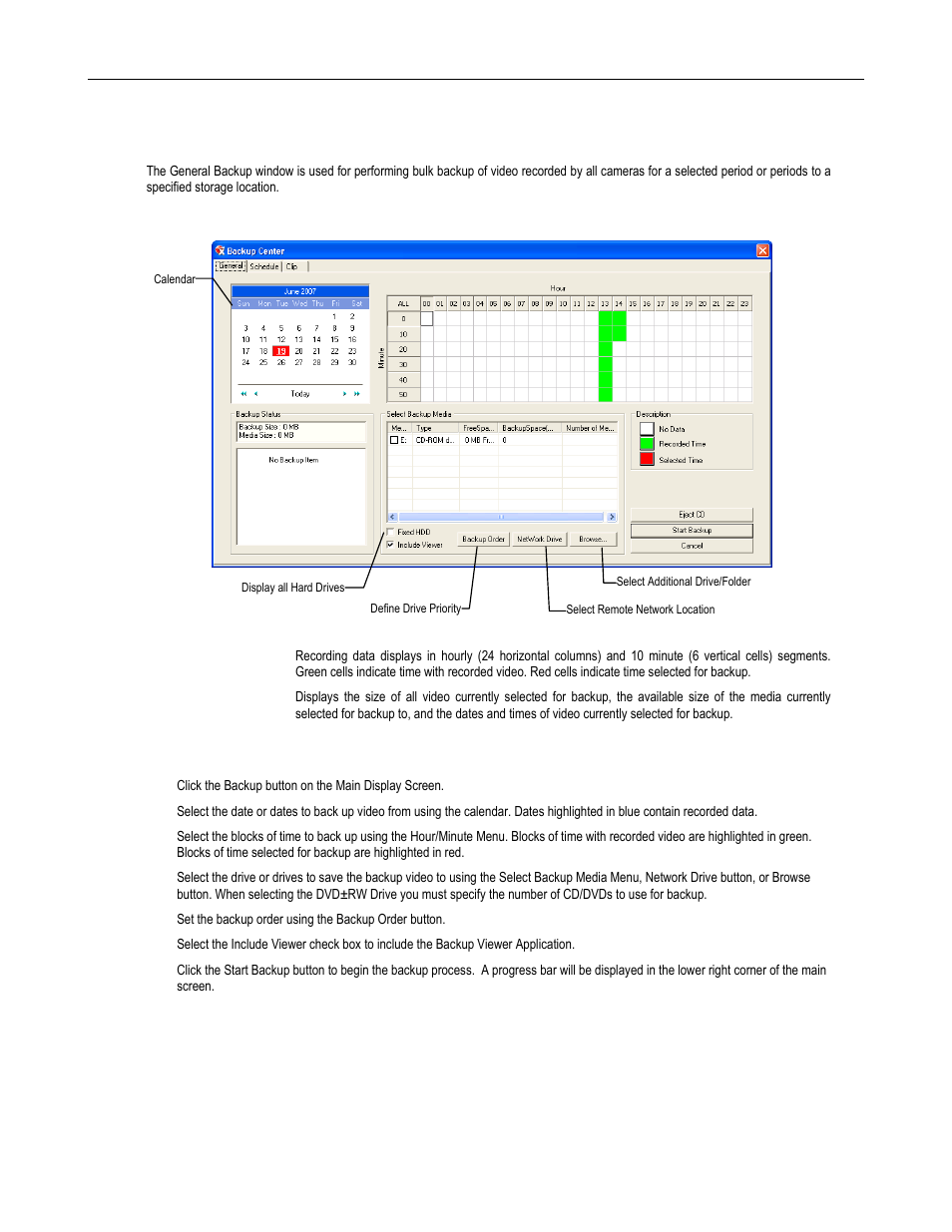 General backup screen, Performing a general backup | Toshiba SURVELILLIX HVR32-X User Manual | Page 101 / 135