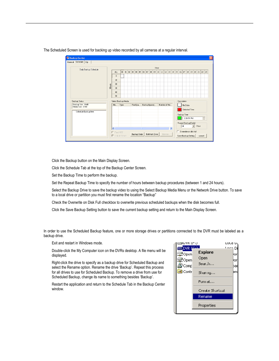 Scheduled backup screen, Performing a scheduled backup, Specifying scheduled backup drives | Toshiba SURVELILLIX HVR32-X User Manual | Page 103 / 135