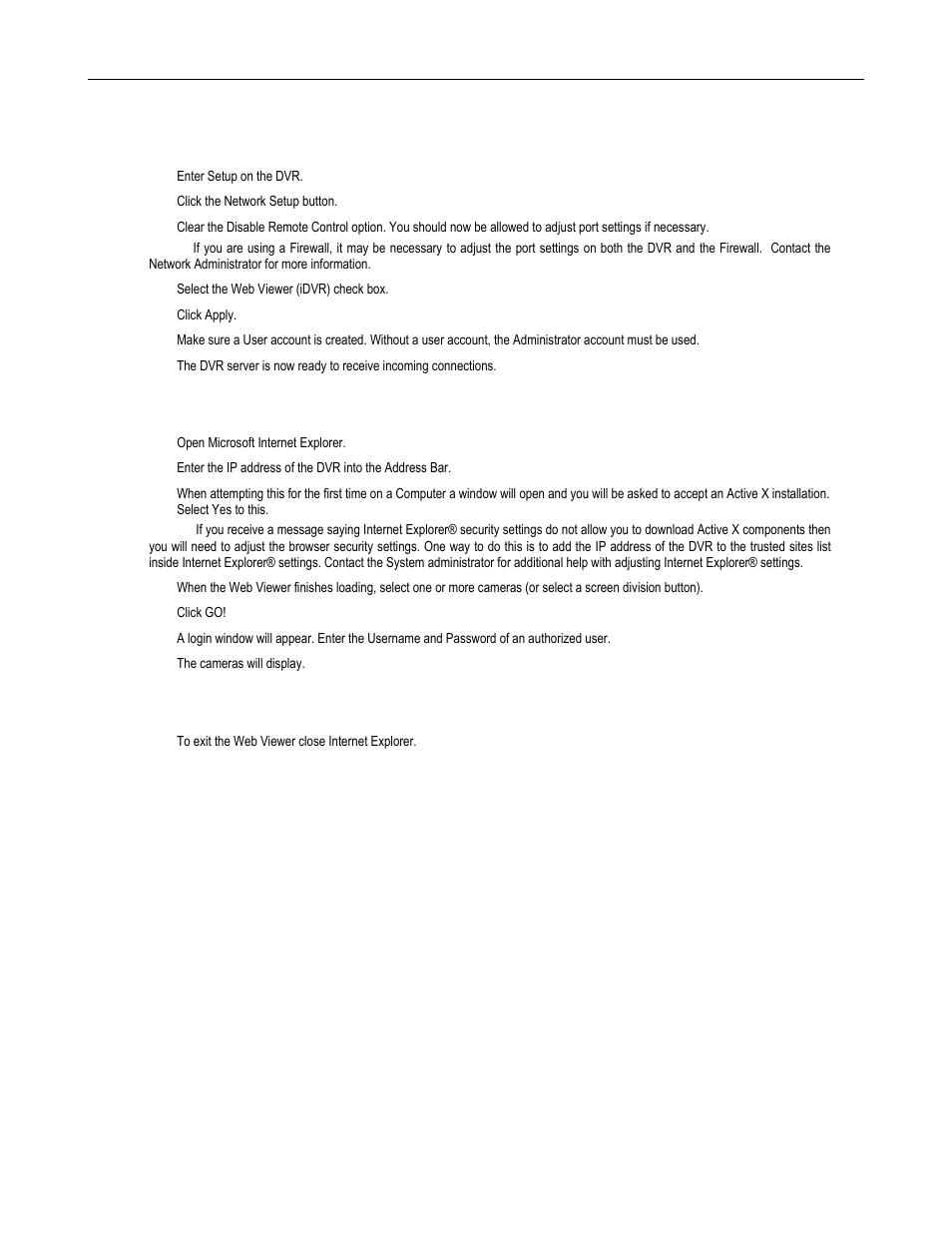 Configuring the server for remote connection, Connecting to a dvr using web viewer, Closing the web viewer | Toshiba SURVELILLIX HVR32-X User Manual | Page 113 / 135