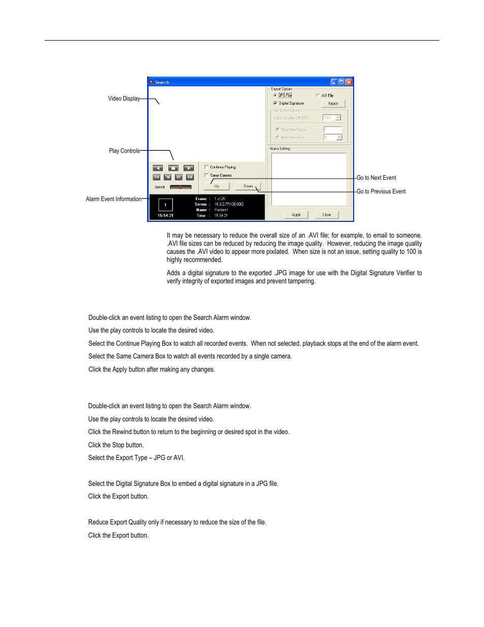 Search alarm window, View recorded video, Export video | Toshiba SURVELILLIX HVR32-X User Manual | Page 119 / 135