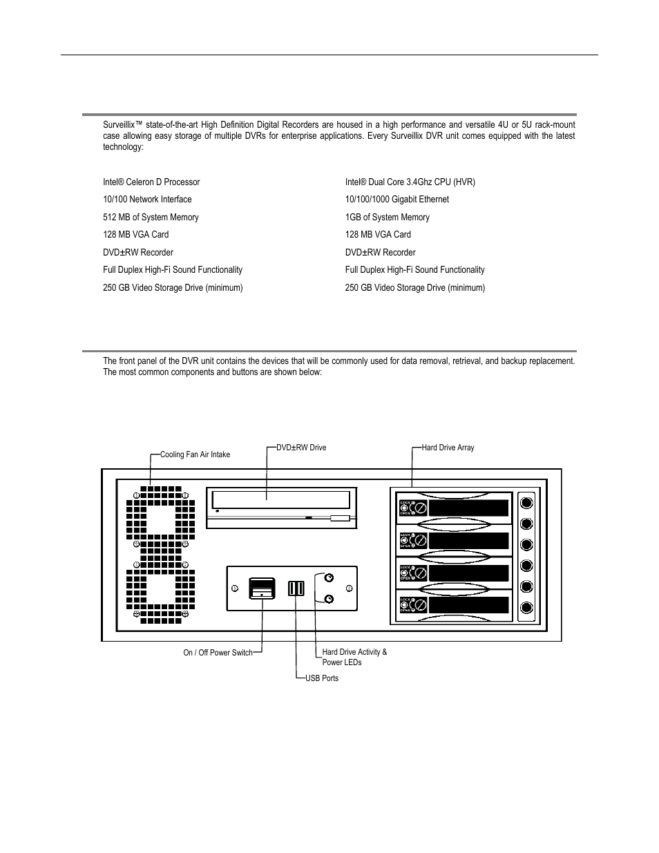 System specifications, Front panel controls and leds, Dvr/hvr | Toshiba SURVELILLIX HVR32-X User Manual | Page 24 / 135