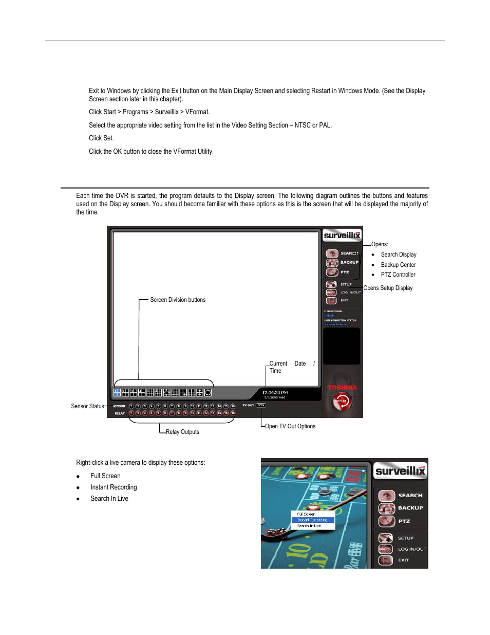 Display screen, Changing video format, Live camera options | Toshiba SURVELILLIX HVR32-X User Manual | Page 44 / 135